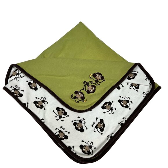 Gymboree Monkey Print Trouble Green Brown Cotton Double Sided Interlock Blanket - Picture 1 of 14